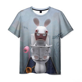 Мужская футболка 3D с принтом Кролик с газетой , 100% полиэфир | прямой крой, круглый вырез горловины, длина до линии бедер | Тематика изображения на принте: rabbids | вантуз | горшок | зайцы засранцы | заяц | туалет