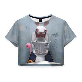 Женская футболка 3D укороченная с принтом Кролик с газетой , 100% полиэстер | круглая горловина, длина футболки до линии талии, рукава с отворотами | Тематика изображения на принте: rabbids | вантуз | горшок | зайцы засранцы | заяц | туалет