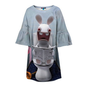 Детское платье 3D с принтом Кролик с газетой , 100% полиэстер | прямой силуэт, чуть расширенный к низу. Круглая горловина, на рукавах — воланы | Тематика изображения на принте: rabbids | вантуз | горшок | зайцы засранцы | заяц | туалет
