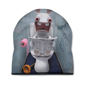 Шапка 3D с принтом Кролик с газетой , 100% полиэстер | универсальный размер, печать по всей поверхности изделия | rabbids | вантуз | горшок | зайцы засранцы | заяц | туалет