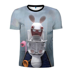 Мужская футболка 3D спортивная с принтом Кролик с газетой , 100% полиэстер с улучшенными характеристиками | приталенный силуэт, круглая горловина, широкие плечи, сужается к линии бедра | Тематика изображения на принте: rabbids | вантуз | горшок | зайцы засранцы | заяц | туалет