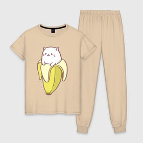 Женская пижама хлопок с принтом Бананька , 100% хлопок | брюки и футболка прямого кроя, без карманов, на брюках мягкая резинка на поясе и по низу штанин | Тематика изображения на принте: бананька