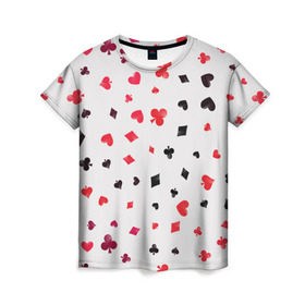 Женская футболка 3D с принтом Карточные масти , 100% полиэфир ( синтетическое хлопкоподобное полотно) | прямой крой, круглый вырез горловины, длина до линии бедер | бубны | казино | карты | крести | пики | покер | туз | червы