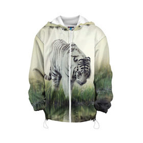 Детская куртка 3D с принтом Белый тигр , 100% полиэстер | застежка — молния, подол и капюшон оформлены резинкой с фиксаторами, по бокам — два кармана без застежек, один потайной карман на груди, плотность верхнего слоя — 90 г/м2; плотность флисового подклада — 260 г/м2 | дикая кошка | природа | тигр | хищник