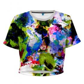 Женская футболка 3D укороченная с принтом Абстракция цвета , 100% полиэстер | круглая горловина, длина футболки до линии талии, рукава с отворотами | масляные краски | разноцветные | яркие краски