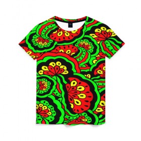 Женская футболка 3D с принтом Lishow , 100% полиэфир ( синтетическое хлопкоподобное полотно) | прямой крой, круглый вырез горловины, длина до линии бедер | Тематика изображения на принте: зеленый | красный | орнамент | этно | яркий