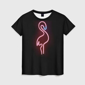 Женская футболка 3D с принтом Светящийся фламинго , 100% полиэфир ( синтетическое хлопкоподобное полотно) | прямой крой, круглый вырез горловины, длина до линии бедер | неон | птицы | фламинго
