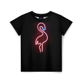 Детская футболка 3D с принтом Светящийся фламинго , 100% гипоаллергенный полиэфир | прямой крой, круглый вырез горловины, длина до линии бедер, чуть спущенное плечо, ткань немного тянется | неон | птицы | фламинго