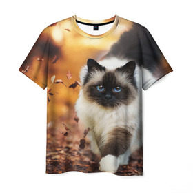 Мужская футболка 3D с принтом Котик в листьях , 100% полиэфир | прямой крой, круглый вырез горловины, длина до линии бедер | грация | кот | котик | кошка | листья | осень