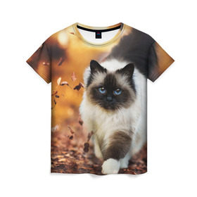 Женская футболка 3D с принтом Котик в листьях , 100% полиэфир ( синтетическое хлопкоподобное полотно) | прямой крой, круглый вырез горловины, длина до линии бедер | грация | кот | котик | кошка | листья | осень