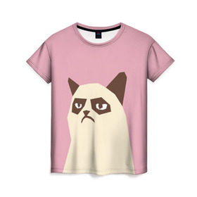 Женская футболка 3D с принтом Grumpy cat pink , 100% полиэфир ( синтетическое хлопкоподобное полотно) | прямой крой, круглый вырез горловины, длина до линии бедер | кот | мем | угрюмый