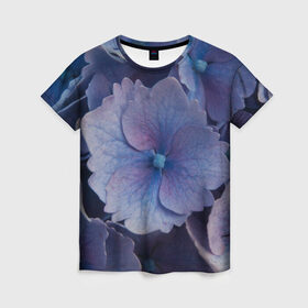Женская футболка 3D с принтом Синие цветочки , 100% полиэфир ( синтетическое хлопкоподобное полотно) | прямой крой, круглый вырез горловины, длина до линии бедер | синий | сиреневый | цветок | цветы