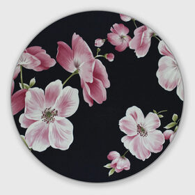 Коврик круглый с принтом Цветы на черном фоне , резина и полиэстер | круглая форма, изображение наносится на всю лицевую часть | растения | стиль | цветы