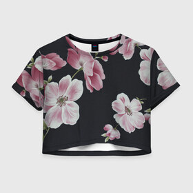 Женская футболка 3D укороченная с принтом Цветы на черном фоне , 100% полиэстер | круглая горловина, длина футболки до линии талии, рукава с отворотами | растения | стиль | цветы