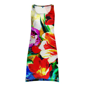 Платье-майка 3D с принтом Тюльпаны , 100% полиэстер | полуприлегающий силуэт, широкие бретели, круглый вырез горловины, удлиненный подол сзади. | букет | цветы | яркие