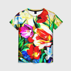 Женская футболка 3D с принтом Тюльпаны , 100% полиэфир ( синтетическое хлопкоподобное полотно) | прямой крой, круглый вырез горловины, длина до линии бедер | букет | цветы | яркие