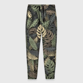 Мужские брюки 3D с принтом Тропический камуфляж , 100% полиэстер | манжеты по низу, эластичный пояс регулируется шнурком, по бокам два кармана без застежек, внутренняя часть кармана из мелкой сетки | джунгли | камуфляж | листья | милитари | монстера | пальма | природа