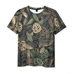 Мужская футболка 3D с принтом Тропический камуфляж , 100% полиэфир | прямой крой, круглый вырез горловины, длина до линии бедер | Тематика изображения на принте: джунгли | камуфляж | листья | милитари | монстера | пальма | природа