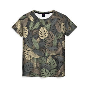 Женская футболка 3D с принтом Тропический камуфляж , 100% полиэфир ( синтетическое хлопкоподобное полотно) | прямой крой, круглый вырез горловины, длина до линии бедер | Тематика изображения на принте: джунгли | камуфляж | листья | милитари | монстера | пальма | природа