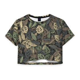 Женская футболка 3D укороченная с принтом Тропический камуфляж , 100% полиэстер | круглая горловина, длина футболки до линии талии, рукава с отворотами | джунгли | камуфляж | листья | милитари | монстера | пальма | природа