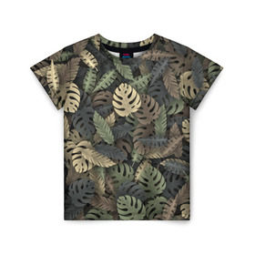 Детская футболка 3D с принтом Тропический камуфляж , 100% гипоаллергенный полиэфир | прямой крой, круглый вырез горловины, длина до линии бедер, чуть спущенное плечо, ткань немного тянется | джунгли | камуфляж | листья | милитари | монстера | пальма | природа
