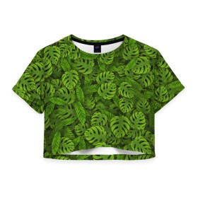 Женская футболка 3D укороченная с принтом Тропические листья , 100% полиэстер | круглая горловина, длина футболки до линии талии, рукава с отворотами | джунгли | монстера | пальма | растения | тропики