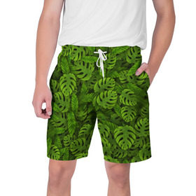 Мужские шорты 3D с принтом Тропические листья ,  полиэстер 100% | прямой крой, два кармана без застежек по бокам. Мягкая трикотажная резинка на поясе, внутри которой широкие завязки. Длина чуть выше колен | джунгли | монстера | пальма | растения | тропики