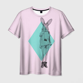 Мужская футболка 3D с принтом Pink Rabbit , 100% полиэфир | прямой крой, круглый вырез горловины, длина до линии бедер | Тематика изображения на принте: hipster | rabbit | swag | кролик | хипстер