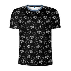 Мужская футболка 3D спортивная с принтом Сердца и Алмазы , 100% полиэстер с улучшенными характеристиками | приталенный силуэт, круглая горловина, широкие плечи, сужается к линии бедра | бриллианты | паттерн | сердечки | черный фон