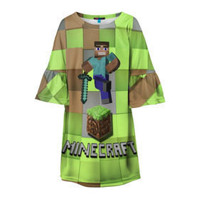 Детское платье 3D с принтом Minecraft , 100% полиэстер | прямой силуэт, чуть расширенный к низу. Круглая горловина, на рукавах — воланы | Тематика изображения на принте: майнкрафт