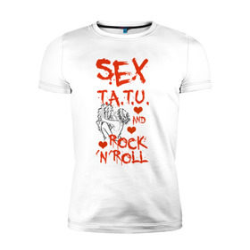 Мужская футболка премиум с принтом секс, тату tatu, рок-н-ролл , 92% хлопок, 8% лайкра | приталенный силуэт, круглый вырез ворота, длина до линии бедра, короткий рукав | Тематика изображения на принте: rock n roll | rocknroll | t.a.t.u | tatu | рок н ролл | тату