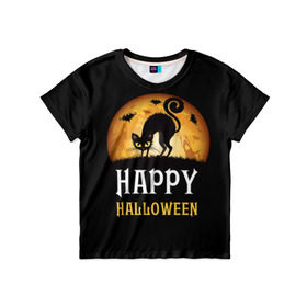 Детская футболка 3D с принтом Чёрный кот , 100% гипоаллергенный полиэфир | прямой крой, круглый вырез горловины, длина до линии бедер, чуть спущенное плечо, ткань немного тянется | halloween | ведьма | кошка | праздник | привидение | тыква | хэллоуин