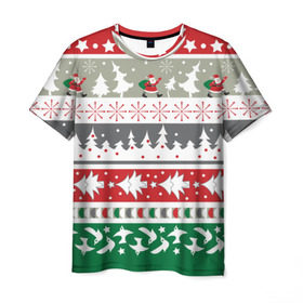 Мужская футболка 3D с принтом Новогодний орнамент , 100% полиэфир | прямой крой, круглый вырез горловины, длина до линии бедер | дед мороз | елка | новогодний орнамент | подарок на новый год | праздник | снеговик | снежинки