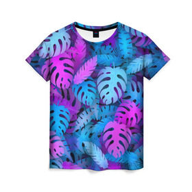 Женская футболка 3D с принтом Сине-розовые тропики , 100% полиэфир ( синтетическое хлопкоподобное полотно) | прямой крой, круглый вырез горловины, длина до линии бедер | Тематика изображения на принте: джунгли | листья | монстера | пальма | психоделический | текстура | тропики