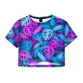 Женская футболка 3D укороченная с принтом Сине-розовые тропики , 100% полиэстер | круглая горловина, длина футболки до линии талии, рукава с отворотами | Тематика изображения на принте: джунгли | листья | монстера | пальма | психоделический | текстура | тропики