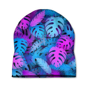 Шапка 3D с принтом Сине-розовые тропики , 100% полиэстер | универсальный размер, печать по всей поверхности изделия | джунгли | листья | монстера | пальма | психоделический | текстура | тропики