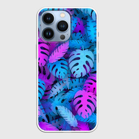 Чехол для iPhone 13 Pro с принтом Сине розовые тропики ,  |  | Тематика изображения на принте: джунгли | листья | монстера | пальма | психоделический | текстура | тропики