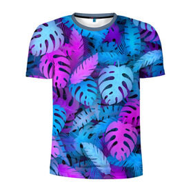 Мужская футболка 3D спортивная с принтом Сине-розовые тропики , 100% полиэстер с улучшенными характеристиками | приталенный силуэт, круглая горловина, широкие плечи, сужается к линии бедра | Тематика изображения на принте: джунгли | листья | монстера | пальма | психоделический | текстура | тропики