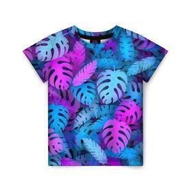 Детская футболка 3D с принтом Сине-розовые тропики , 100% гипоаллергенный полиэфир | прямой крой, круглый вырез горловины, длина до линии бедер, чуть спущенное плечо, ткань немного тянется | Тематика изображения на принте: джунгли | листья | монстера | пальма | психоделический | текстура | тропики
