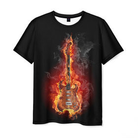Мужская футболка 3D с принтом Адская гитара , 100% полиэфир | прямой крой, круглый вырез горловины, длина до линии бедер | ад | арт | дым | музыка | новинки | огонь | пламя | популярные | энергия | яркие