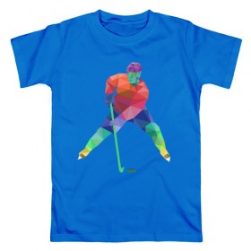 Мужская футболка хлопок с принтом Хоккеист , 100% хлопок | прямой крой, круглый вырез горловины, длина до линии бедер, слегка спущенное плечо. | геометрия | клюшка | полигонал | хл | хоккеист | шайба