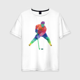 Женская футболка хлопок Oversize с принтом Хоккеист , 100% хлопок | свободный крой, круглый ворот, спущенный рукав, длина до линии бедер
 | геометрия | клюшка | полигонал | хл | хоккеист | шайба