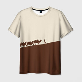 Мужская футболка 3D с принтом Пустыня , 100% полиэфир | прямой крой, круглый вырез горловины, длина до линии бедер | Тематика изображения на принте: верблюды | коричневый