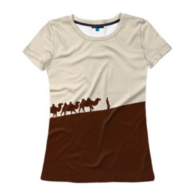 Женская футболка 3D с принтом Пустыня , 100% полиэфир ( синтетическое хлопкоподобное полотно) | прямой крой, круглый вырез горловины, длина до линии бедер | верблюды | коричневый