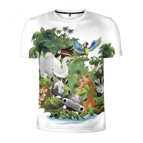 Мужская футболка 3D спортивная с принтом Веселые джунгли , 100% полиэстер с улучшенными характеристиками | приталенный силуэт, круглая горловина, широкие плечи, сужается к линии бедра | животные | зоо | новинки | пальма | парк | яркие