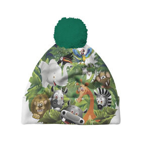 Шапка 3D c помпоном с принтом Веселые джунгли , 100% полиэстер | универсальный размер, печать по всей поверхности изделия | животные | зоо | новинки | пальма | парк | яркие