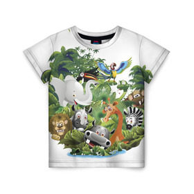 Детская футболка 3D с принтом Веселые джунгли , 100% гипоаллергенный полиэфир | прямой крой, круглый вырез горловины, длина до линии бедер, чуть спущенное плечо, ткань немного тянется | животные | зоо | новинки | пальма | парк | яркие