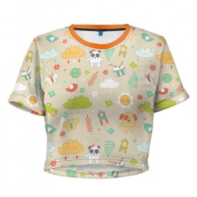 Женская футболка 3D укороченная с принтом Детский узор , 100% полиэстер | круглая горловина, длина футболки до линии талии, рукава с отворотами | бабочка | панда | паттерн | светлый | щенок
