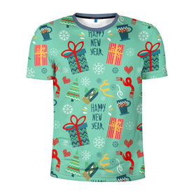 Мужская футболка 3D спортивная с принтом Новый год от new.art.fox , 100% полиэстер с улучшенными характеристиками | приталенный силуэт, круглая горловина, широкие плечи, сужается к линии бедра | бирюзовый | новогодний | паттерн | подарки | рождество