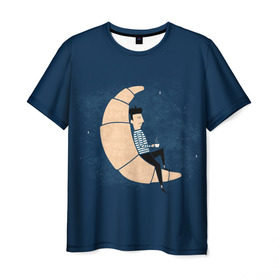Мужская футболка 3D с принтом Ле круасан , 100% полиэфир | прямой крой, круглый вырез горловины, длина до линии бедер | кофе | круасан | месяц | ночь | париж | франция | француз